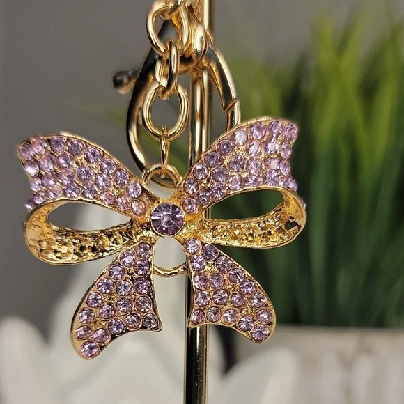 Purple Gold Bow Keychain Bag charm Rhinestone - Picture 1 of 10